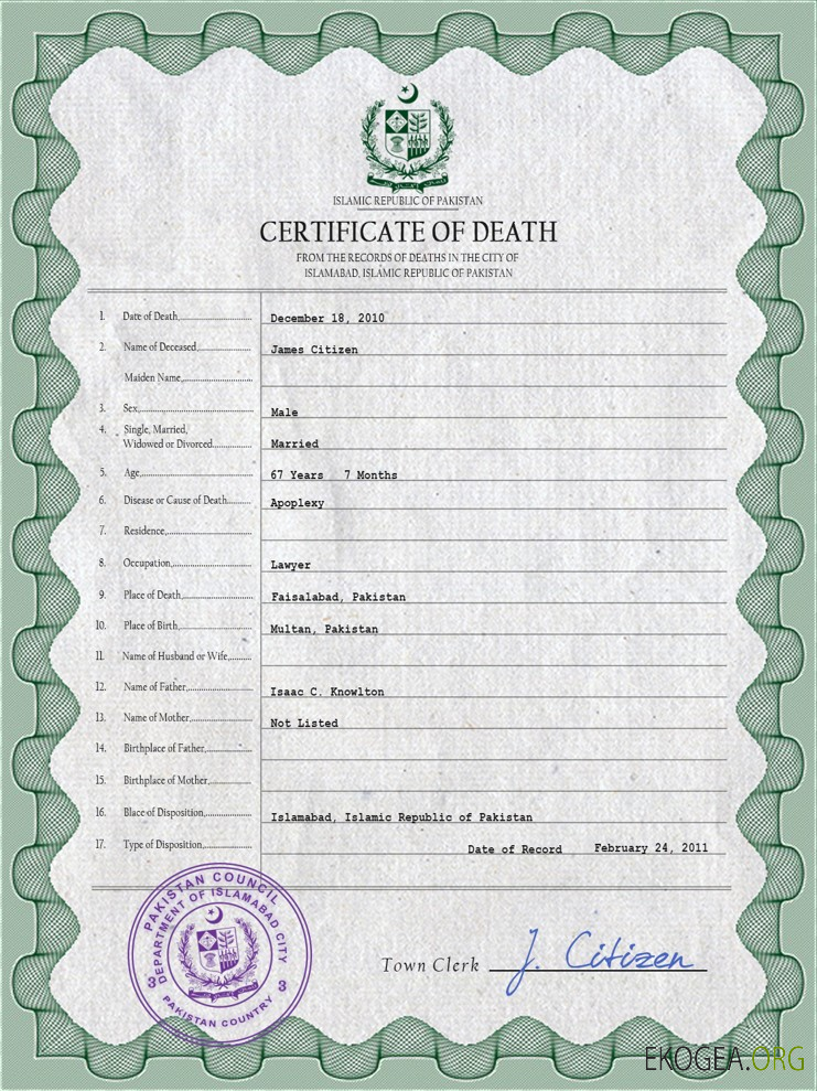 Modèle PSD de certificat de décès d'état civil du Pakistan